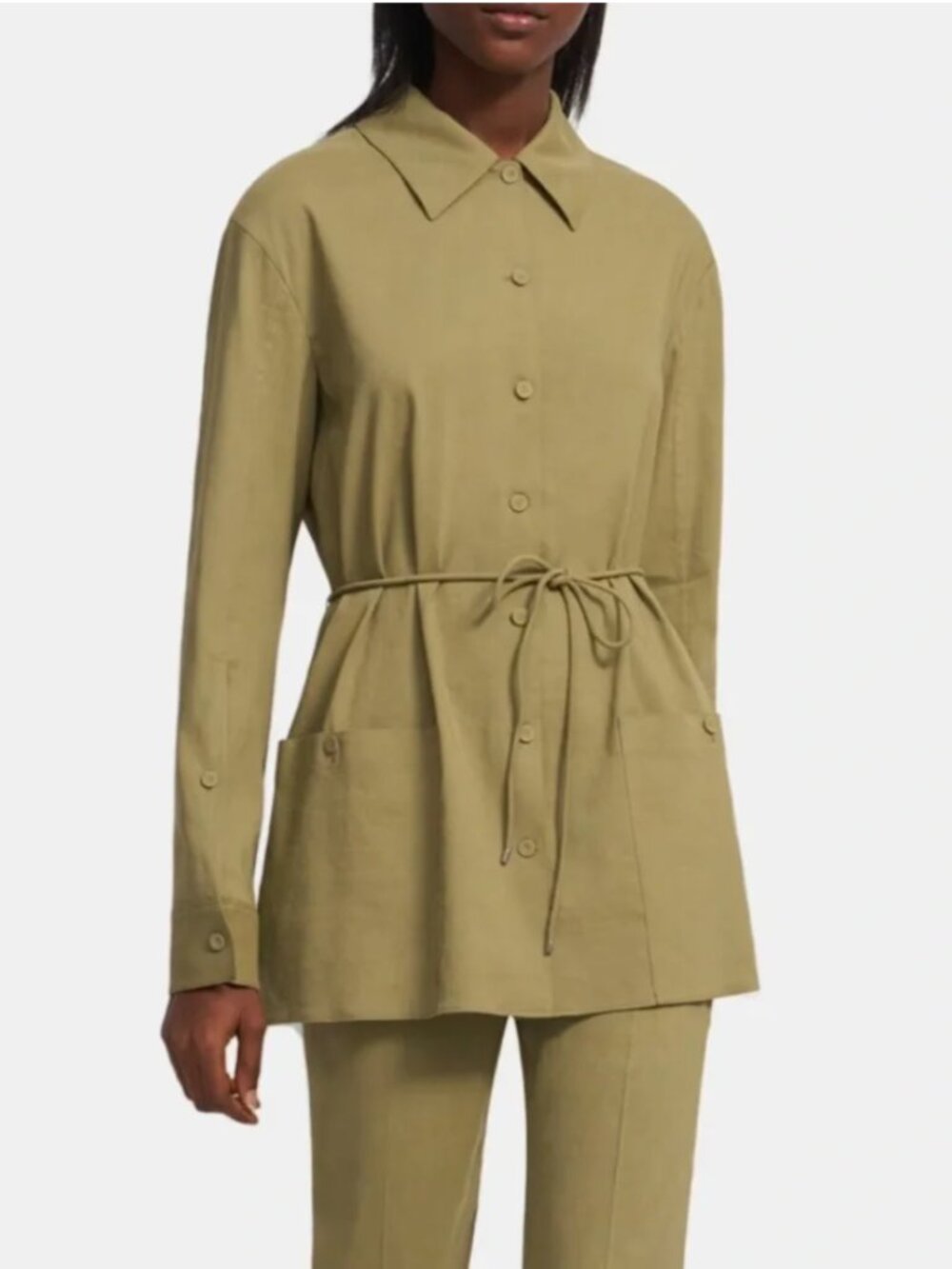 Theory Belted Shirt Jacket in Linen Blend in Olive Green & Eco Crunch Wash-Sz M